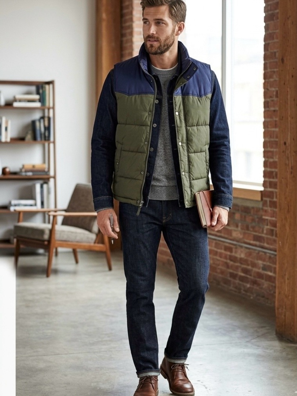 American Eagle Outfitters Men’s Large Puffer Vest Navy Blue Olive Green Vintage